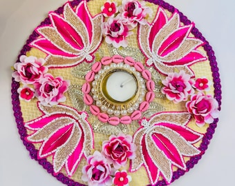 Rangoli mat, Flower Rangoli for diwali, Rangoli decoration, Floor Rangoli, Entryway decor, Diwali Decoration, Diwali Diya, Tealight Holders