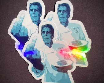 Anthony Bourdain middle finger, Tony Bourdain blue sticker, chef tribute sticker, holographic sticker.