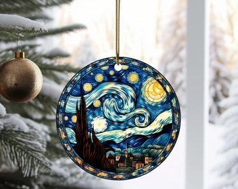 Stained Glass Starry Night Ornament, Glass Christmas Ornament, Van Gogh Keepsake, Christmas Tree Decoration, Seasonal Gift