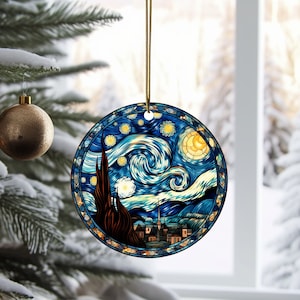 Stained Glass Starry Night Ornament, Glass Christmas Ornament, Van Gogh Keepsake, Christmas Tree Decoration, Seasonal Gift image 1