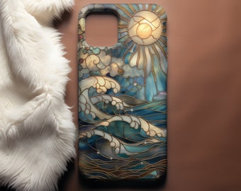 Wellen & Sonnenstrahlen Glasmalerei Illusion Print Handyhülle, Stained Glass Style Cover für iPhone 15, 14, 13 Plus, Pro, Max