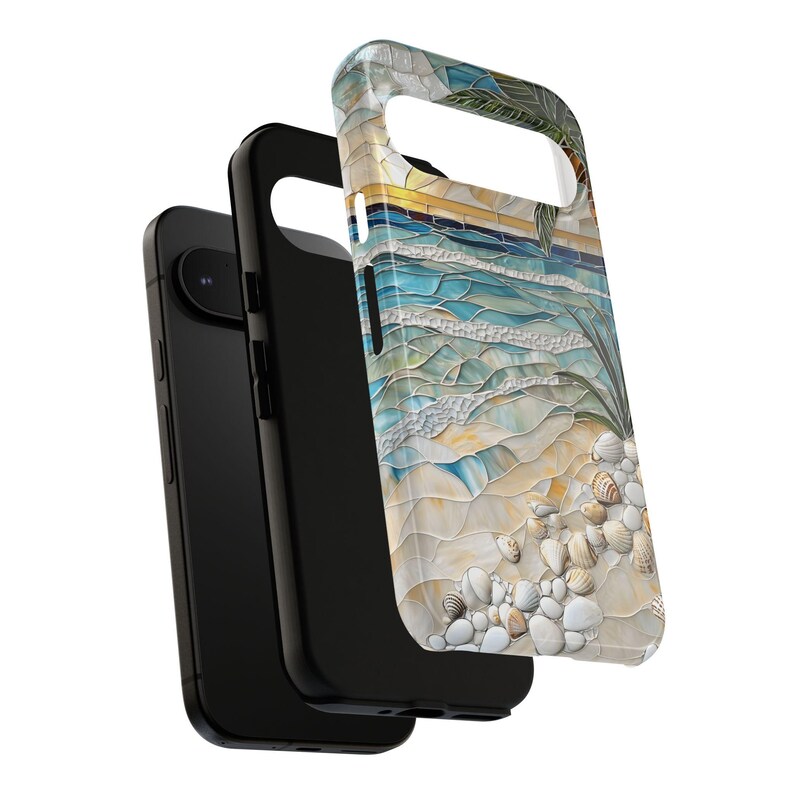 May include: A black phone case with a beach scene design. The design features a mosaic-style depiction of a sandy beach, ocean waves, seashells, and a palm tree. The case is shown with a black phone and a black inner case.