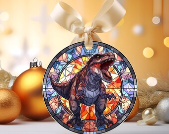 ステンドグラスのT-Rex恐竜クリスマスオーナメント、子供用クリスマスオーナメント、ホリデーツリーのデコレーション、ユニークなクリスマス、ツリーギフトデコレーション