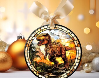 ステンドグラスのT-Rex恐竜クリスマスオーナメント、子供用クリスマスオーナメント、ホリデーツリーのデコレーション、ユニークなクリスマス、ツリーギフトデコレーション