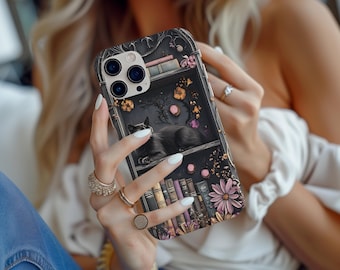Gothic Bücherregal Lila Katze Handyhülle Dark Academia Witch Skull Blumen Buchliebhaber iPhone 16 15 14 13 12, Galaxy S25, Pixel 9 pro