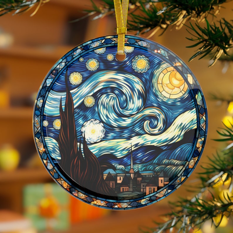 Stained Glass Starry Night Ornament, Glass Christmas Ornament, Van Gogh Keepsake, Christmas Tree Decoration, Seasonal Gift image 5