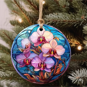 Stained Glass Orchid Christmas Ornament, Pink Orchid gift, Floral Decor, Christmas Keepsake, Christmas Tree Decoration