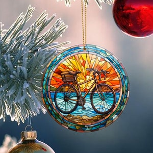 Adorno navideño de bicicleta de vidrieras, recuerdo de Navidad, decoración del árbol de Navidad, regalo para ciclista, regalo de temporada imagen 4