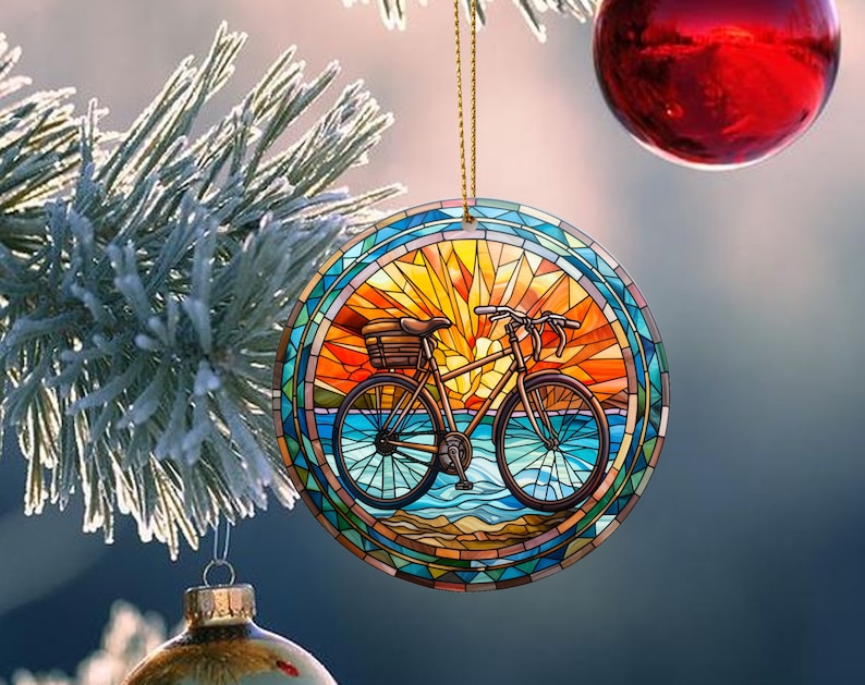 Adorno navideño de bicicleta de vidrieras, recuerdo de Navidad, decoración del árbol de Navidad, regalo para ciclista, regalo de temporada imagen 4