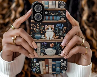 Funda para teléfono con bordado de flores y libros, diseño cottagecore con gatos, ideal para amantes de los libros, estética floral, aspecto 3D, ideal para ella, amante de los gatos, funda para iPhone 16