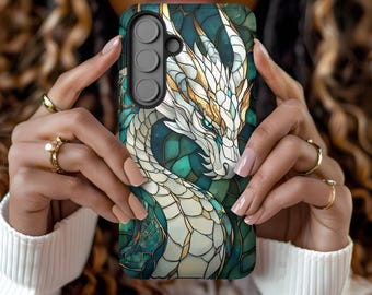 Stained Glass Dragon Hülle, Sage Green Hülle, Faux Stained Glass Illusion Print Dragon iPhone 16, 15, 14, 13, S25 Ultra, S24 S23 Plus, Pixel 9