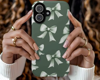Capa de celular Sage Coquette, capa vintage verde com laço estético Coquette, presente personalizado para ela iPhone 16, 15, 14, 13, A25, A24, Pixel 9, 8