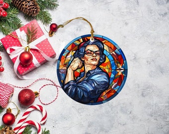 Stained Glass Rosie the Riveter Ornament, We Can Do It, Glass Christmas Ornament, motorcycle decor, Christmas Tree Decoration, Seasonal Gift