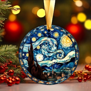 Stained Glass Starry Night Ornament, Glass Christmas Ornament, Van Gogh Keepsake, Christmas Tree Decoration, Seasonal Gift image 6