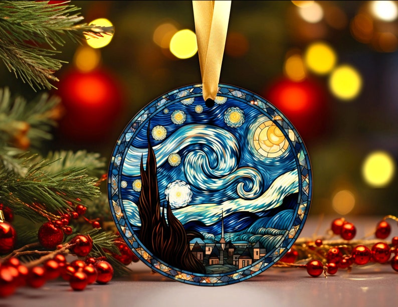 Stained Glass Starry Night Ornament, Glass Christmas Ornament, Van Gogh Keepsake, Christmas Tree Decoration, Seasonal Gift image 6