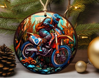 Stained Glass Dirt bike Ornament, Glass Christmas Ornament, Motor cross decor, Christmas Tree Decoration, Seasonal Gift