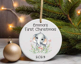 Primer adorno navideño personalizado del bebé, Primera Navidad personalizada, Adorno de bebé elefante, Regalo para nueva niña