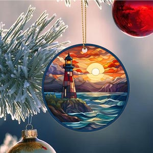 Stained Glass Lighthouse Christmas Ornament, Light House Decor, Holiday Decor, Christmas Keepsake, Christmas Tree Decoration, Seasonal Gift