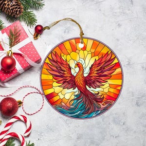 Stained Glass Phoenix Ornament, Glass Christmas Ornament, Christmas Keepsake, Christmas Tree Decoration, Seasonal Gift, mosaic decor