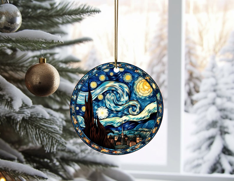 Stained Glass Starry Night Ornament, Glass Christmas Ornament, Van Gogh Keepsake, Christmas Tree Decoration, Seasonal Gift image 1