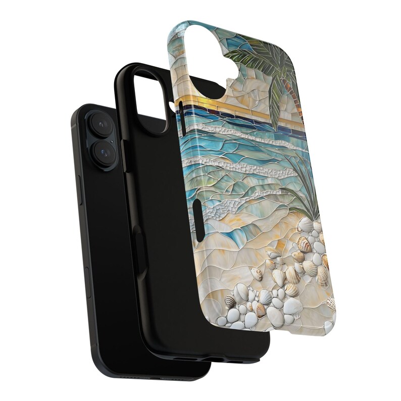 May include: A black smartphone with a protective case featuring a beach scene design. The case has a mosaic-style image of a sandy beach, ocean waves, and a palm tree. The case is made of durable material.