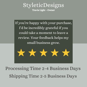 May include: A green background with a white text box that says "If you're happy with your purchase, I'd be incredibly grateful if you could take a moment to leave a review. Your feedback helps my small business grow." There are five yellow stars below the text box. Below the stars, the text "Processing Time 2-4 Business Days" and "Shipping Time 2-5 Business Days" is displayed in white.