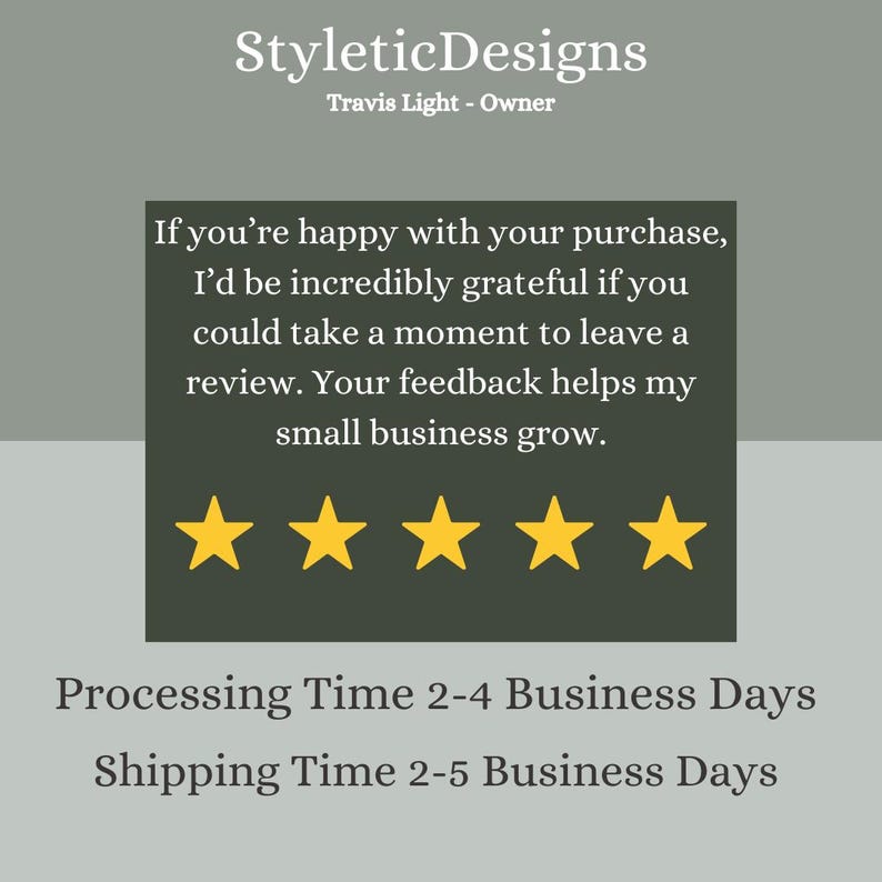 May include: A green background with a white text box that says "If you're happy with your purchase, I'd be incredibly grateful if you could take a moment to leave a review. Your feedback helps my small business grow." There are five yellow stars below the text box. Below the stars, the text "Processing Time 2-4 Business Days" and "Shipping Time 2-5 Business Days" is displayed in white.