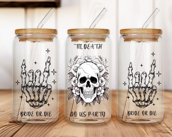 Hasta que la muerte nos haga fiesta, novia o muerte vaso de vidrio personalizado, vaso de café helado, regalo de dama de honor, taza de vidrio de 16 oz, propuesta de dama de honor