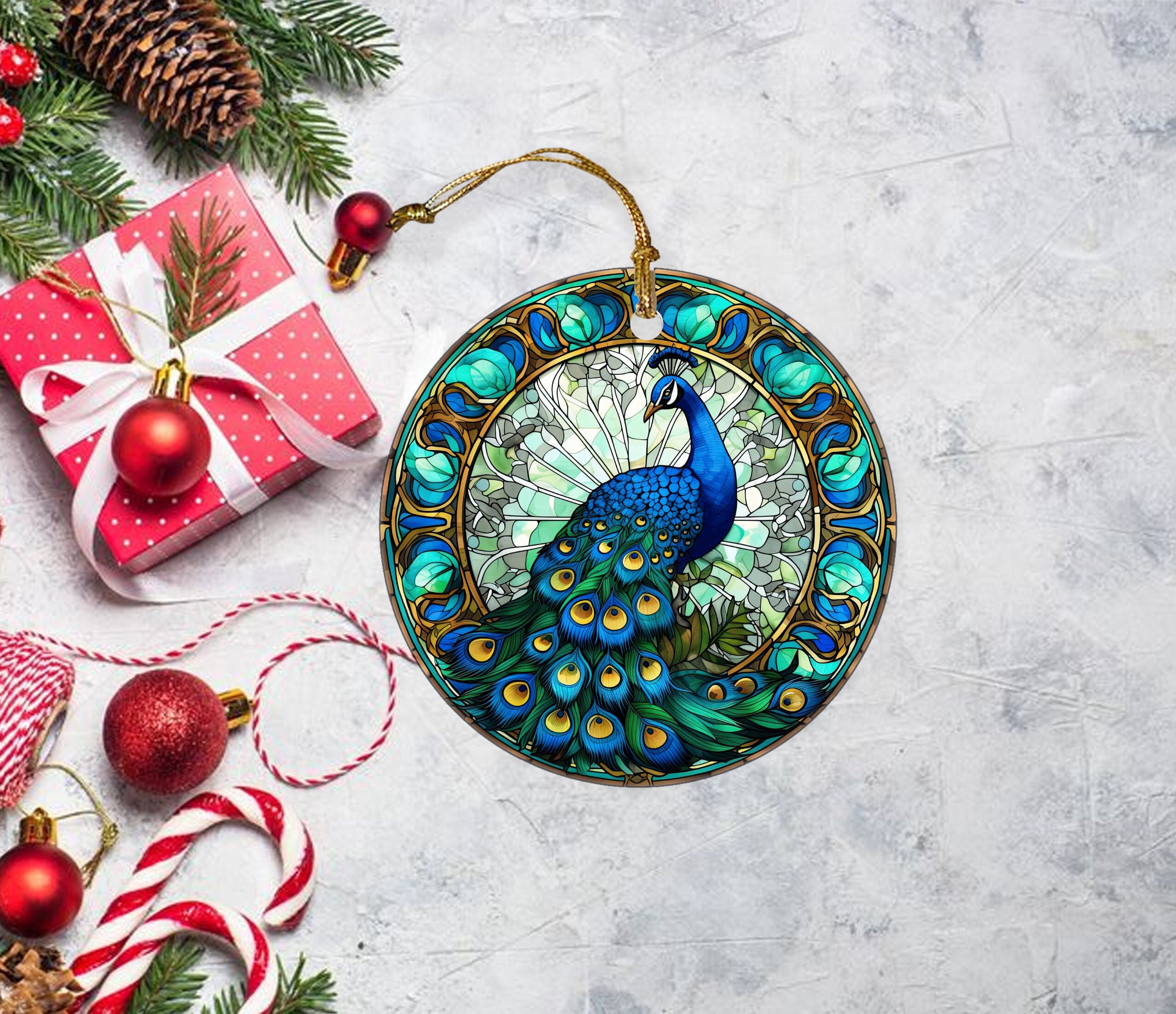 Peacock Bird Christmas Tree Ornament, Porcelain, Rustic Wildlife Decorations  