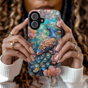Stained Glass Peacock Phone Case, Tough Phone Case for Bird Lovers, iPhone 16 Case, Artistic Phone Cover, 3D Design, iphone 15 case