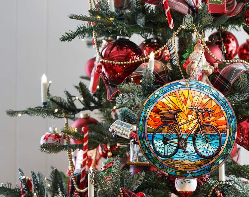 Adorno navideño de bicicleta de vidrieras, recuerdo de Navidad, decoración del árbol de Navidad, regalo para ciclista, regalo de temporada imagen 7