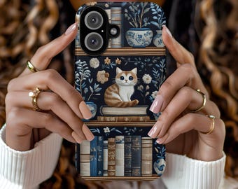Funda para iPhone 16 con diseño de gato, ideal para amantes de los libros, ideal para amantes de la lectura, regalo de lectura, accesorio para gatos.