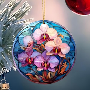 Stained Glass Orchid Christmas Ornament, Pink Orchid gift, Floral Decor, Christmas Keepsake, Christmas Tree Decoration