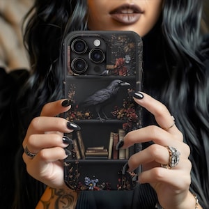 Gothic Bookshelf Phone Case Dark Raven Academia Witch Skull floral Book Lover Reading iPhone 16 15 14 13 12, Galaxy S25, Pixel 9 pro case