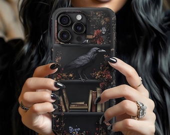 Gothic boekenplank telefoonhoesje Dark Raven Academia Witch Skull bloemen Book Lover Reading iPhone 16 15 14 13 12, Galaxy S25, Pixel 9 pro-hoesje