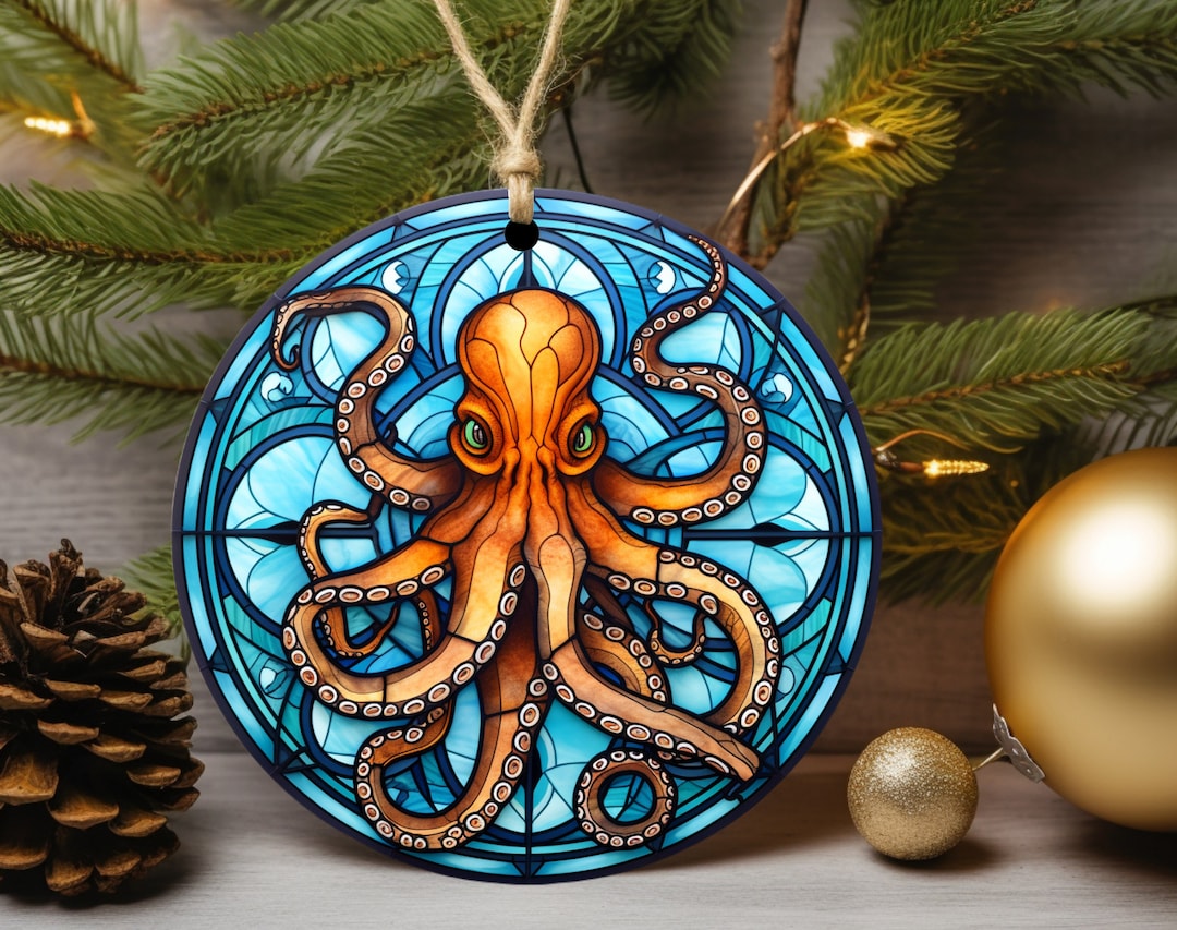 Stained Glass Octopus Ornament, Gift for Tree, Holiday Decor, Christmas