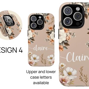 May include: A beige phone case with a floral design and the name "Claire" printed on it. The case has a raised camera bump and a clear back.