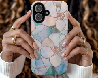 iPhone-hoesje glas-in-lood bloemen, imitatie glas-in-lood illusie print bloemen iPhone 16, 15, 14, 13, S25 Ultra, S24 S23 Plus, Pixel 9