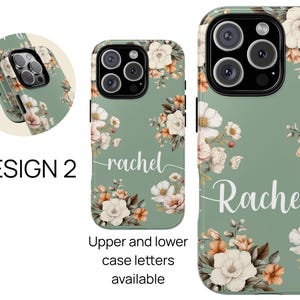 May include: A green phone case with a floral design and the name "Rachel" written in white. The case has a white background with a green border.