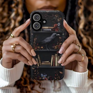 Gothic Bookshelf Phone Case Dark Raven Academia Witch Skull floral Book Lover Reading iPhone 16 15 14 13 12, Galaxy S25, Pixel 9 pro case