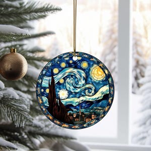 Gebrandschilderd glas Sterrennachtornament, glazen kerstornament, Van Gogh-aandenken, kerstboomversiering, seizoenscadeau
