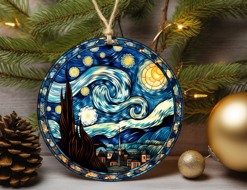 Stained Glass Starry Night Ornament, Glass Christmas Ornament, Van Gogh Keepsake, Christmas Tree Decoration, Seasonal Gift image 7