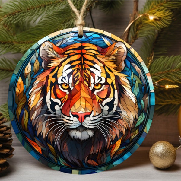 Stained Glass Tiger Ornament, Glass Christmas Ornament, Tiger decor, Christmas Tree Decoration, Seasonal Gift, Tiger gift