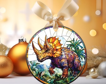 ステンドグラスのトリケラトプス恐竜クリスマスオーナメント、子供用クリスマスオーナメント、ホリデーツリーのデコレーション、ユニークなクリスマス、ツリーギフトデコレーション