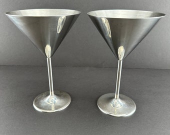 Vintage Stainless Steel Martini Glasses, Cocktail Glassware, Set of 2, Vintage Barware