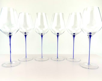 Vintage Handblown Cobalt Blue Stem Wine Glassware Set, Set of 6