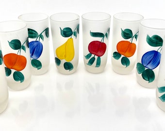Rare MCM Hand Painted Gay Fad Bartlett Collins Frosted Fruit Glasses- Set of 8, Vintage Party