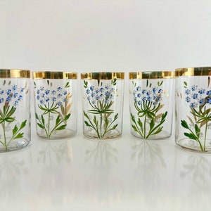 Vintage 1960's MCM Hand Painted Blue Floral Gold Rim Lowball Glass Tumblers, Set of 5, Vintage Glassware