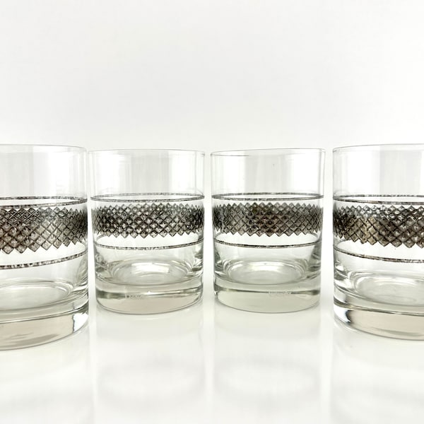 1960's MCM Vintage Sigma Tastesetter Silver Diamond Pattern Banded Whiskey Lowball Glasses, Set of 4, Rocks Glasses