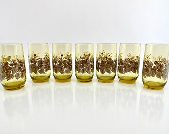 Vintage MCM Retro Yellow Glass Tumblers, Rare Set of 7, Vintage Glassware, Mid Century